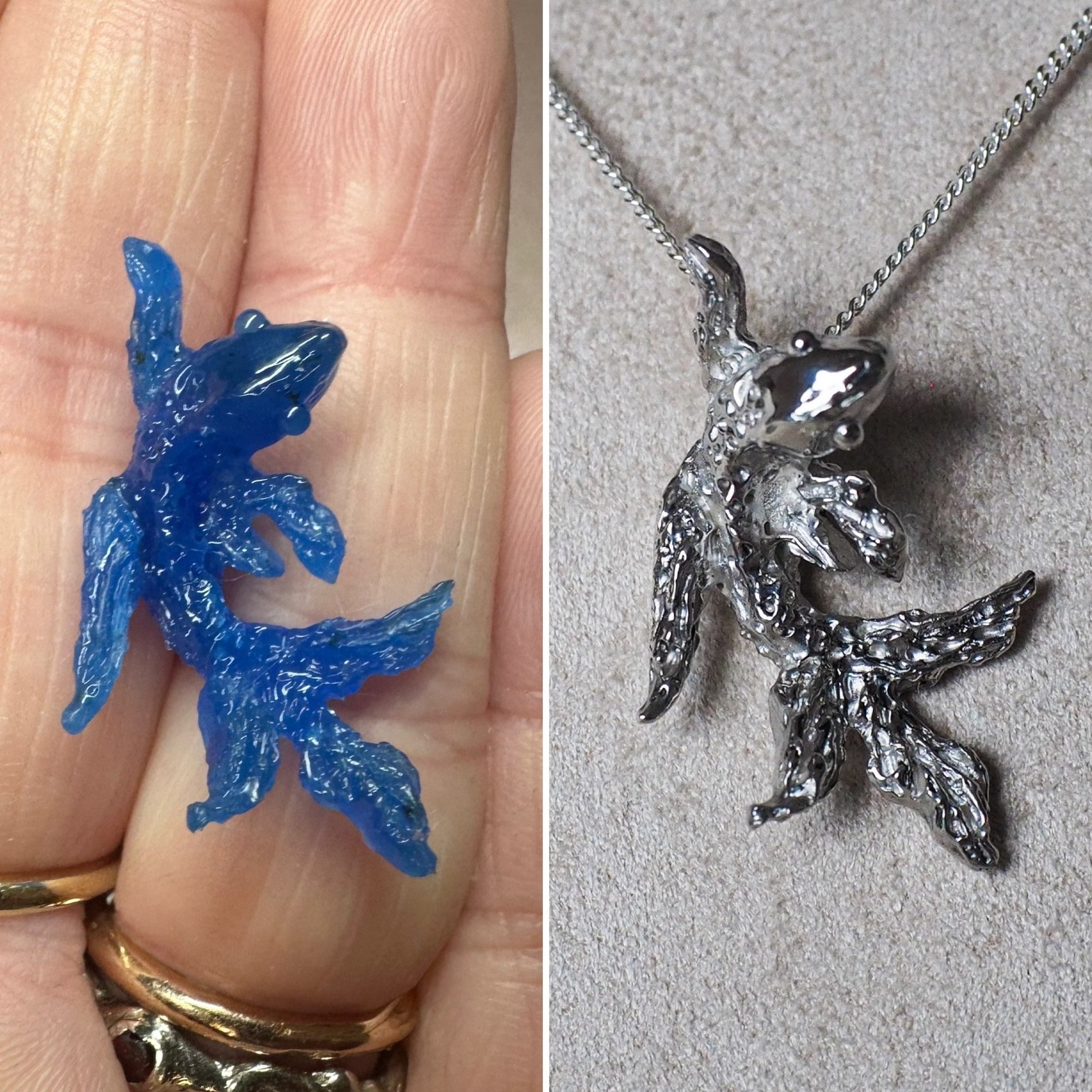 A bird pendant shown in blue wax next to the finished cast silver piece