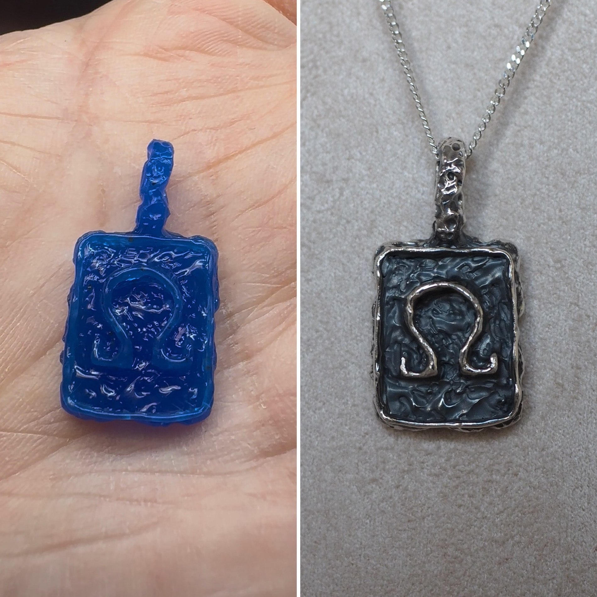 A Leo zodiac pendant shown in blue wax next to the finished oxidised silver piece