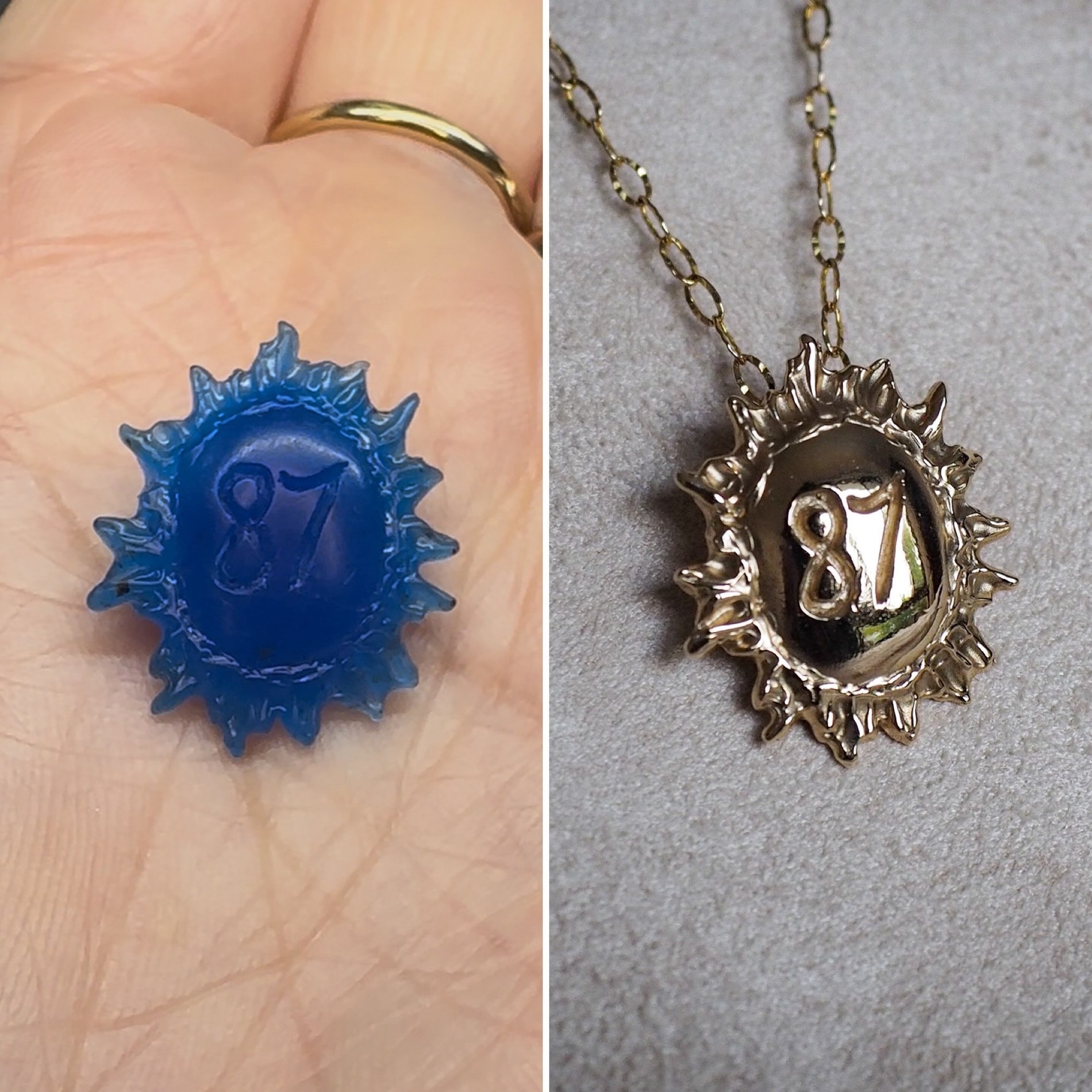 A sunburst pendant with a hand-engraved number, shown in blue wax next to the finished cast gold piece