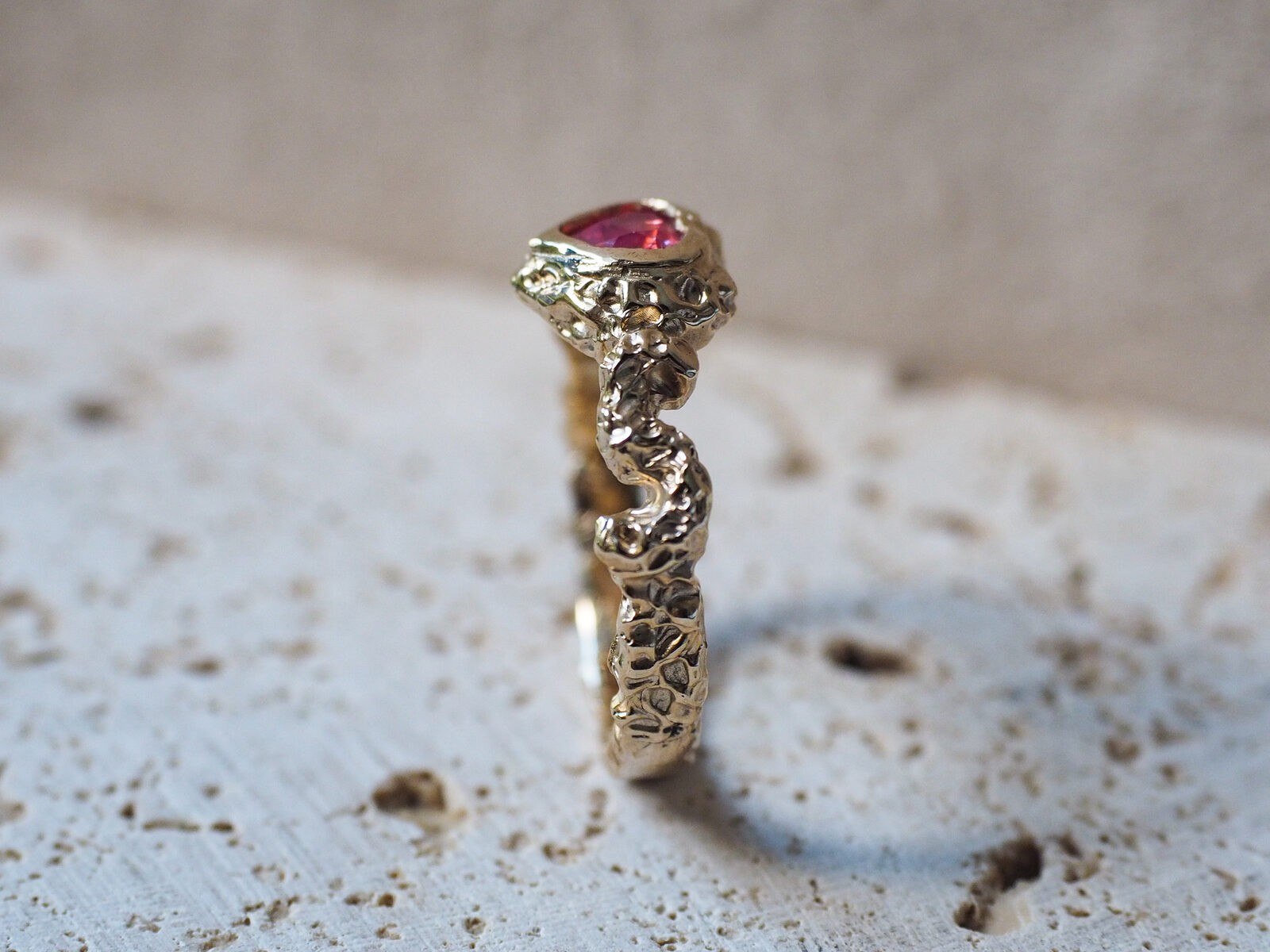 Side profile of the ring showing the handcrafted, organic band
