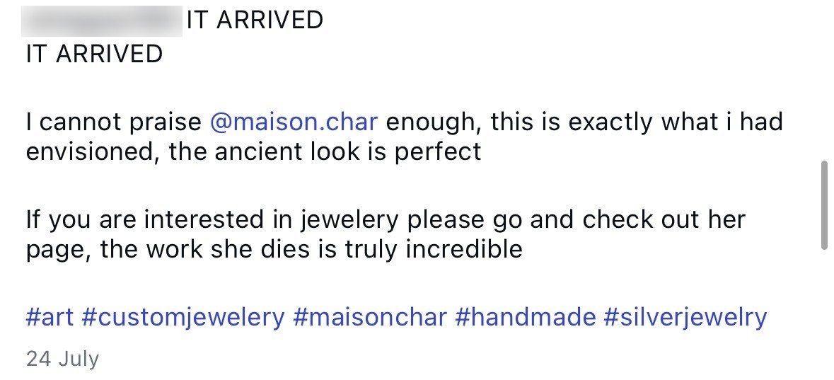 A message from a customer: IT ARRIVED. I cannot praise @maison.char enough, this is exactly what I had envisioned, the ancient look is perfect.